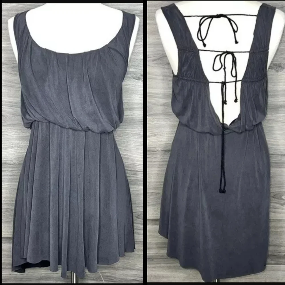 Free People charcoal new cupro true as love open tie back flowy mini dress L-1X - Picture 11 of 17